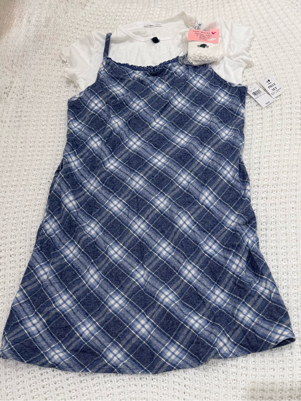Knit works girls plaid 2-pc dress set in blue/white size 20.5
